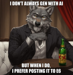anthro arm_support beard beer_bottle bench bottle clock clothing curtain dress_shirt facial_hair front_view fur furniture grey_body grey_fur jacket leaning leaning_on_elbow leather male mature_male shirt sitting solo suit table text topwear upper_body watch yellow_eyes hammapajamma meme_2026 canid canine canis mammal wolf meme