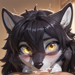 anthro bangs big_pupils black_body black_fur black_hair black_nose blush bodily_fluids breasts cum cum_in_mouth cum_inside dilated_pupils duo eyebrows eyelashes fellatio female first_person_view fur genital_fluids genitals hair human_on_anthro humanoid_genitalia humanoid_penis interspecies lips looking_at_viewer male male/female motion_lines multicolored_body oral penile penis pupils self_upload sex small_breasts snout thick_eyebrows thick_eyelashes tuft two_tone_body very_long_hair white_body white_fur wolf_ears yellow_eyes northpacific yoshikazi_mikiko canid canine canis human mammal wolf hi_res