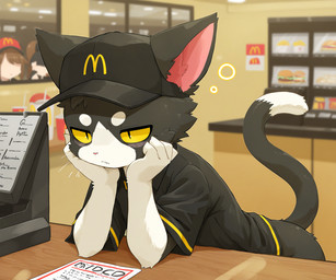 anthro black_body black_fur bottomless clothed clothing detailed_background dipstick_tail fur group hat headgear headwear male markings mcdonalds mcdonalds_uniform solo_focus tail_markings white_body white_fur anonymous_director felid feline mammal hi_res