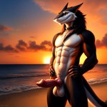 abs anthro balls beach black_body black_fur blue_eyes bodily_fluids cloud collar cum fur genital_fluids genitals hand_on_hip knot male muscular nude orange_eyes penis seaside seductive sergal sergalito-ty sergi sex sky smile solo sunset uncensored water yiffye18