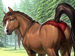 anatomically_correct brown_body brown_fur butt clothed clothed_feral clothing equine_tail eyelashes feral forest forest_background front_view fur girly green_eyes looking_at_viewer nature nature_background panties plant presenting presenting_hindquarters raised_tail red_clothing red_panties red_underwear solo tan_body tree underwear yiff-ai equid equine horse mammal