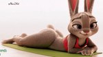 anthro bottomless bottomless_female clothed clothing female fur grey_body grey_fur lying mouth_closed on_front purple_eyes red_clothing red_shirt red_tank_top red_topwear shirt simple_background solo solo_focus tank_top topwear white_background zootopia naviart judy_hopps lagomorph leporid mammal rabbit animated full-length_portrait portrait watermark