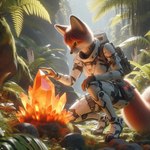 anthro armor backpack clothed clothing crystal female forest forest_background fur hair moss nature nature_background orange_body orange_fur orange_hair outside plant solo tree white_body white_clothing white_fur omgechounknown canid canine fox mammal