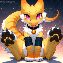 ambiguous_gender bell bell_collar blep cheek_tuft chest_tuft claws collar cute_fangs digitigrade facial_tuft feral fluffy fur long_tail looking_at_viewer orange_body orange_fur pawpads paws pink_eyes pupils simple_background sitting slit_pupils smile solo striped_body stripes tongue tongue_out tuft white_body white_fur wraps yellow_body yellow_fur kaltingale_(director) felid feline hybrid kobold mammal hi_res signature