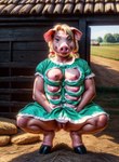 anthro blonde_hair breasts clothing crouching domestic_pig dress exposed_breasts farm farmer female genitals green_clothing green_eyes hair hi_res hooves looking_at_viewer mammal marcus64 multi_breast multi_nipple nipples pigtails pink_body pink_nipples pussy solo suid suina sus_(pig)