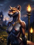 anthro breasts brown_body brown_fur cattorihanzo domestic_ferret female fur glowing glowing_eyes hi_res jewelry mammal mostly_nude mustela mustelid musteline necklace nipples nude outdoors outside seductive solo stable_diffusion true_musteline