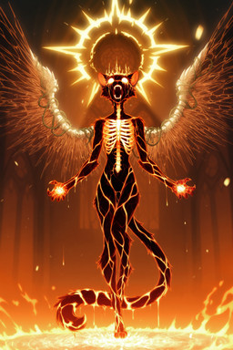 anthro black_body bone digitigrade dripping eyeless featureless_crotch female fur glowing glowing_eyes halo lava nude screaming slim solo wings seli-32 elemental_creature felid feline felis mammal absurd_res hi_res