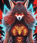 black_nose breasts canid canine female fox fur glowing hair icefoxai mammal red_body red_fur red_hair seductive solo whiskers yellow_eyes