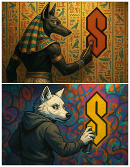 5_fingers anthro armlet athletic athletic_anthro athletic_male biped black_body black_clothing black_fur black_hoodie black_nose black_pupils black_topwear bracelet brown_eyes brush clothed clothed_anthro clothed_male clothing dark_body dark_fur detailed_background duo egyptian egyptian_clothing egyptian_headdress fingers fur gold_(metal) gold_jewelry graffiti hieroglyphics holding_brush holding_object holding_paintbrush hoodie inner_ear_fluff jewelry light light_body light_fur looking_at_viewer looking_back male monotone_body monotone_fur mouth_closed mythology paint paintbrush pose prick_ears pupils rear_view snout spray_can spray_paint text topwear tuft usekh wall_(structure) white_body white_fur white_inner_ear_fluff yellow_eyes zenithwolf meme_2026 anubis anubian_jackal canid canine canis deity egyptian_mythology jackal mammal mythological_canine mythological_creature wolf 2koma comic digital_drawing_(artwork) digital_media_(artwork) digital_painting_(artwork) half-length_portrait hi_res lighting meme portrait shaded