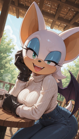 anthro bat_wings bottomwear breasts clothing denim denim_clothing eyelashes eyeshadow female fur gloves green_eyes handwear jeans lipstick makeup membrane_(anatomy) membranous_wings mug open_mouth open_smile outside pants sitting smile solo sweater tail teeth topwear white_body white_fur wings crody sega sonic_the_hedgehog_(series) rouge_the_bat bat mammal hi_res