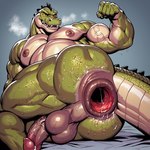 abs anal_juice anthro anus balls bara barazoku belly big_anus big_ass bodily_fluids butt erection fist flexing gaping gaping_anus genital_fluids genitals green_body grey_background hyper hyper_anus looking_at_viewer looking_back lying male muscular muscular_anthro muscular_male musk_clouds nipples on_side pecs penis perineum precum presenting puffy_anus rear_view simple_background solo steam sweat sweaty sweaty_body sweaty_butt tan_belly vein veiny_penis yellow_eyes rulethony34tano_(director) crocodile crocodilian crocodylid reptile scalie hi_res