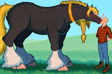 <3 bestiality_kiss black_body black_fur blonde_hair blue_eyes blush boots bottomwear braided_hair clothing denim denim_clothing duo female feral fetlocks footwear fur grass hair hands_behind_head jeans kissing larger_female larger_feral male outside pants pattern_clothing pattern_shirt pattern_topwear plaid plaid_clothing plaid_shirt plaid_topwear plant shirt size_difference smaller_human smaller_male topwear anonymous_director anon clydesdale draft_horse equid equine horse human mammal hi_res