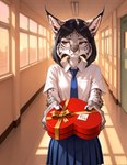 anthro bottomwear clothing female holding_object necktie school_hallway school_uniform skirt solo uniform anonymous_director valentine's_day felid feline lynx mammal hi_res