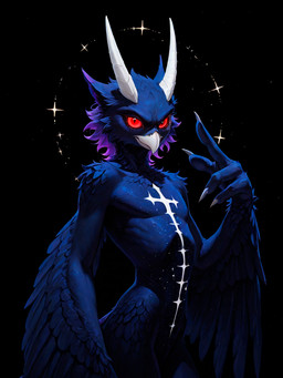 4_fingers ambiguous_gender beak black_background blue_body blue_feathers breasts claws cross feathered_wings feathers featureless_breasts featureless_crotch fingers fluffy_body glistening glistening_body glowing glowing_markings highlights_(coloring) hip_tuft horn markings pupils purple_highlights red_eyes shoulder_tuft simple_background slit_pupils solo star tuft white_beak white_claws white_horn winged_arms wings loren_iipsum avian bird bubo_(genus) owl true_owl hi_res