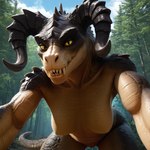anthro bent_over bodily_fluids breasts brown_body brown_scales curved_horn dripping fangs featureless_breasts female forest forest_background genital_fluids genitals horn looking_at_viewer nature nature_background non-mammal_breasts plant pussy pussy_juice pussy_juice_drip reaching_towards_viewer scales scalie_tail slightly_chubby slightly_chubby_female smile solo spikes spines teeth tree wrinkles yellow_sclera scalesai fallout deathclaw absurd_res detailed hi_res