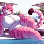 anthro big_breasts bikini breasts cheek_tuft clothing facial_tuft female inner_ear_fluff multicolored_body overweight pink_body pink_eyes pink_nose plant pool smile solo stripes swimwear thick_thighs tree tuft two_tone_body wide_hips blackgum felid mammal pantherine tiger