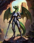 anonymous_director anthro armor attempted_signature breasts colored dragon female green_body green_scales hi_res horn knight medieval_armor melee_weapon membrane_(anatomy) membranous_wings nature nature_background non-mammal_breasts outside scales scalie solo sword warrior weapon wings