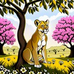 blue_sky director_cougar felid female feral flower fur lawn lion mammal pantherine plant shadow sitting sky solo tan_body tan_fur tree yellow_eyes