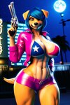 abs anthro bikini blue_eyes bottomwear breasts brown_eyes cleavage clothed clothing eyeshadow female female_focus flag_bikini full_moon gun handgun holding_gun holding_object holding_weapon hotpants jacket large_breasts looking_at_viewer makeup mature_female moon muscular_thighs night pink_bottomwear pink_clothing pink_jacket pink_topwear ranged_weapon revolver shorts smile solo swimwear thick_thighs topwear weapon majorfluffy_(director) bird_dog canid canine canis domestic_dog golden_retriever hunting_dog mammal retriever 3d_(artwork) digital_media_(artwork) hi_res tagme