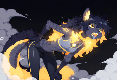 anthro bent_over bra clothing collar colored_nails exhausted fangs female fur glowing glowing_hair grey_body grey_fur grey_tongue hair hand_on_hip hand_on_leg highlights_(coloring) leggings legwear nails open_mouth pupils scalie_tail slim slit_pupils solo sports_bra stripes teeth tongue tongue_out underwear yellow_eyes yellow_nails seli-32 felid feline felis mammal hi_res