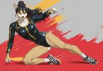 anthro black_hair clothing female fist footwear hair leotard martial_arts punch shoes small_tail smile smirk sneakers solo gusc3 canid canine mammal hi_res