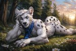 anthro askiewarg bedroom_eyes blue_clothing blue_eyes clothing felid feline flower forest forest_background girly male mammal narrowed_eyes nature nature_background pantherine plant seductive snow_(cheeseknees) snow_leopard solo sunrise tree