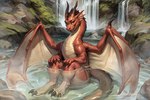 crouching female feral hot_spring partially_submerged red_body red_scales scales solo steam water waterfall kyxsoon dragon tail absurd_res hi_res