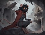 amazing_background anthro arch black_hair breasts cloak clothing detailed_background female fog hair holster legband looking_at_viewer messy_hair nipples ruins sitting sitting_on_rock solo thighband yellow_eyes anotheranon mammal murid murine rat rodent skaven absurd_res hi_res