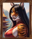 anthro asian_clothing black_hair china chinese_clothing clothing detailed_background east_asian_clothing eyes_closed female hair light mountains pink_nose plant solo stripes sunlight tree jackson_maxston_(director) felid mammal pantherine tiger hi_res