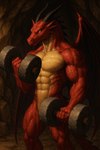 abs anthro athletic athletic_anthro athletic_male dumbbell exercise horn male muscular muscular_male mythology nude pecs red_body solo toned-muscles veiny_biceps veiny_muscles weights wings workout anonymous_director dragon mythological_creature mythological_scalie scalie absurd_res hi_res