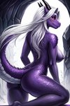 anthro breasts dragon female hair horn nipples non-mammal_breasts non-mammal_nipples nude presenting raised_tail scales scalie solo