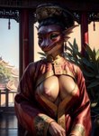 anthro areola asian_clothing big_areola big_breasts black_hair breasts chinese_clothing clothing east_asian_clothing female hair hi_res kobold looking_at_viewer marcus64 nipple_slip nipples non-mammal_breasts non-mammal_nipples red_body scales scalie solo standing