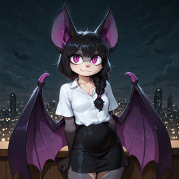 anthro bat_ears black_hair bottomwear braided_hair braided_ponytail city city_background clothing female hair looking_at_viewer membrane_(anatomy) membranous_wings office_clothing pencil_skirt ponytail shirt skirt smile solo topwear wings loren_iipsum magna bat mammal