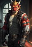 2023 anthro belt blonde_eyebrows blonde_hair clothed clothing colored delga dragon eyebrows gloves green_eyes hair handwear hi_res indigowing inside looking_at_viewer male muscular muscular_anthro muscular_male red_body scalie solo tattoo western_dragon window