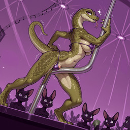anthro biped bra breasts clothing gynomorph intersex panties pole strip_club stripper stripper_pole underwear anonymous_director invoke_high reptile scalie hi_res