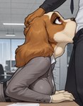 anthro anthro_on_anthro anthro_penetrated anthro_penetrating anthro_penetrating_anthro belt big_breasts bodily_fluids bottomwear breasts brown_body brown_fur business_suit claws clothed clothed_sex clothing deep_throat desk duo erection faceless_character faceless_male fellatio female female_focus female_penetrated floppy_ears fur furniture genitals hand_on_head inside irrumatio male male/female male_penetrating male_penetrating_anthro male_penetrating_female neck_bulge necktie office oral oral_penetration pants penetration penile penile_penetration penis penis_in_mouth sex shirt suit table throat_swabbing topwear under_table unprofessional_behavior zaddha bird_dog canid canine canis domestic_dog hunting_dog mammal spaniel hi_res