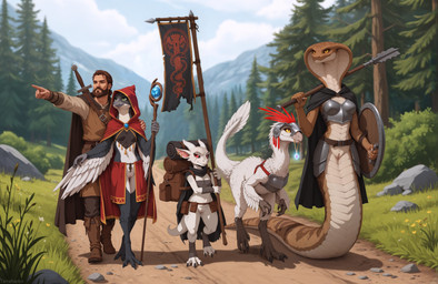 3_fingers 3_toes 4_fingers 5_fingers adventurer amulet anthro apode arm_wraps armor backpack beak beard belt black_body black_feathers black_sclera boots bottomless brown_hair chest_wraps claws cloak clothed clothing countershading digitigrade dirt_path facial_hair fantasy feathers feet female feral feral_armor finger_claws fingers flower foot_wraps footwear forest front_view furgonomic gem genitals gesture grey_beak group hair hand_on_shoulder head_turned headgear helmet hood_up legless magic_user male medieval melee_weapon mostly_nude mountain outside plant plate_armor pointing pussy red_eyes road scales scuted_feet scuted_hands scutes serpentine shield short size_difference social_nudity staff sword toes tree tunic unconvincing_armor walking weapon white_body white_countershading white_feathers white_scales winged_arms wings wraps yellow_eyes terraraptor avian cobra deinonychus dinosaur draconcopode dromaeosaurid feathered_dinosaur human kobold mammal naga reptile scalie snake theropod director_name hi_res