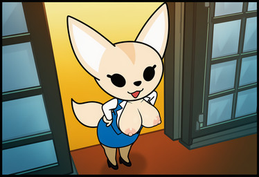 anthro areola big_breasts breasts clothed clothing dress exposed_breasts female footwear fur hands_on_hips high_heels inside looking_at_viewer nipples office_clothing open_mouth partially_clothed presenting shirt shoes smile solo standing tail topwear white_body boxen549 aggretsuko sanrio fenneko_(aggretsuko) canid canine fennec fox mammal