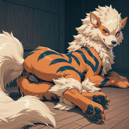 animal_genitalia animal_pussy anus canine_genitalia canine_pussy female feral genitals looking_at_viewer lying on_side presenting presenting_pussy pussy solo retr-1 nintendo pokemon arcanine generation_1_pokemon pokemon_(species) hi_res