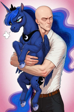 annoyed bags_under_eyes belt breath_cloud carrying_another collared_shirt crown duo female feral frown horn jewelry larger_male male necklace regalia size_difference slacks smaller_female stern_look wings anonymous_director friendship_is_magic my_little_pony anon princess_luna_(mlp) equid equine human mammal winged_unicorn absurd_res hi_res