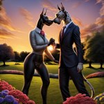 absurd_res anthro black_body black_fur canid canine canis clothing director_cougar domestic_dog duo female flower fur grass great_dane hand_holding hi_res light male male/female mammal mastiff molosser park plant spots spotted_body spotted_fur suit sunlight white_body white_fur