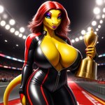 anthro big_breasts bodysuit breasts cleavage clothed clothing crowd curvy_figure eyeshadow female green_eyes group hair holding_object leather leather_clothing lipstick looking_at_viewer makeup non-mammal_breasts red_hair scales scaly scaly_body scaly_tail skinsuit solo stadium standing tight_clothing unzipped yellow_body zipper wahrdu animal_humanoid humanoid lizard reptile reptile_humanoid scalie scalie_humanoid hi_res