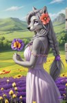 accessory anthro braided_hair breasts canid canine canis clothed clothing day depth_of_field dress female flower flower_in_hair fur grey_body grey_fur grey_hair hair hair_accessory hi_res holding_breast holding_flower holding_object long_hair looking_at_viewer mammal meadow photorealism plant portrait purple_eyes solo standing wolf wolfik