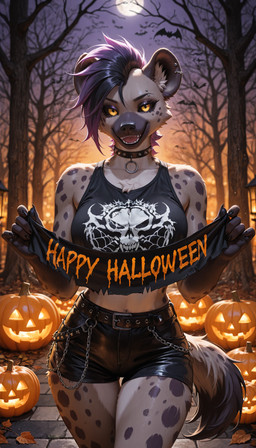 anthro autumn bare_shoulders belt belt_buckle big_breasts black_bottomwear black_choker black_clothing black_hair black_jewelry black_nails black_necklace black_sclera black_shirt black_shorts black_tank_top black_topwear bottomwear breasts brown_body brown_fur buckle chain chest_tuft choker clothed clothing colored_nails crop_top ear_piercing ear_ring eyebrow_piercing eyeshadow facial_piercing female food fruit full_moon fully_clothed fur hair halloween holding_object hotpants jack-o'-lantern jewelry looking_at_viewer makeup mascara midriff mohawk moon multicolored_body multicolored_fur multicolored_hair nails navel necklace night open_mouth outside piercing plant pumpkin punk punk_girl punk_hair purple_hair ring_piercing shirt shorts sky sleeveless smile snout solo spiked_choker spikes spots spotted_body spotted_fur standing tail tank_top text thigh_gap topwear tree tuft two_tone_body two_tone_fur two_tone_hair two_tone_tail yellow_eyes aellios halloween_2025 violet_(aellios) hyaenid mammal spotted_hyena 2025 english_text hi_res