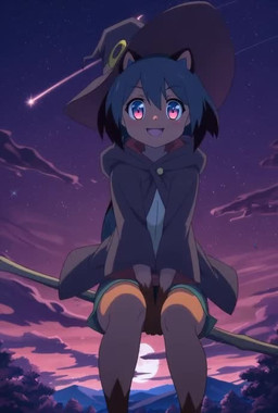 anthro bare_legs barefoot blue_hair broom cleaning_tool clothing feet female hair halloween halloween_costume hat headgear headwear light looking_at_viewer moon moonlight multicolored_body multicolored_eyes multicolored_hair night one_eye_closed outside shooting_star short_tail smile solo sunset wink winking_at_viewer witch_clothes witch_costume witch_hat ambers_ai brand_new_animal halloween_2025 michiru_kagemori canid canine mammal raccoon_dog tanuki animated short_playtime webm