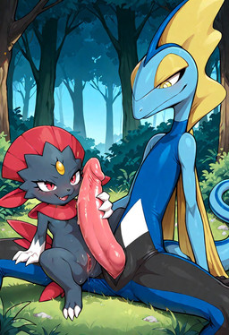 anthro anthro_on_anthro big_penis bodily_fluids female forest forest_background genital_fluids genitals handjob it'll_never_fit larger_male male male/female nature nature_background penile penis plant pussy_juice sex size_difference smaller_female tree anguirus12345 nintendo pokemon generation_4_pokemon generation_8_pokemon inteleon pokemon_(species) weavile hi_res