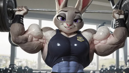 anthro badge biceps clothing exercise female fur grey_body grey_fur muscular muscular_anthro muscular_arms muscular_female purple_eyes smug solo veiny_muscles weightlifting weights workout gridanon disney zootopia judy_hopps lagomorph leporid mammal rabbit animated loop short_playtime webm