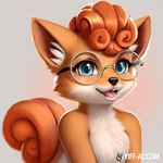 anthro blue_eyes canid canine countershading eyewear female fox fur generation_1_pokemon glasses mammal orange_body orange_fur pokemon pokemon_(species) solo vulpix watermark white_body white_countershading yiff_ai