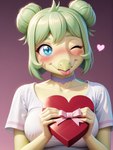 <3 anthro blue_eyes blush box_of_chocolates candy chocolate choker dessert face_blush female food green_body green_hair green_skin hair hair_buns happy head_tilt holding_object jewelry necklace smile solo tongue tongue_out winking kingkoom valentine's_day stella_(gvh) dinosaur ornithischian reptile scalie stegosaurian stegosaurus thyreophoran hi_res