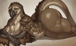 anthro arms_crossed avian beak big_butt brown_body brown_eyes brown_feathers butt claws feather_hair feathers fur gauss gryphon hi_res lying male multicolored_body mythological_avian nude on_front pseudo_hair simple_background solo stripes tan_body two_tone_body